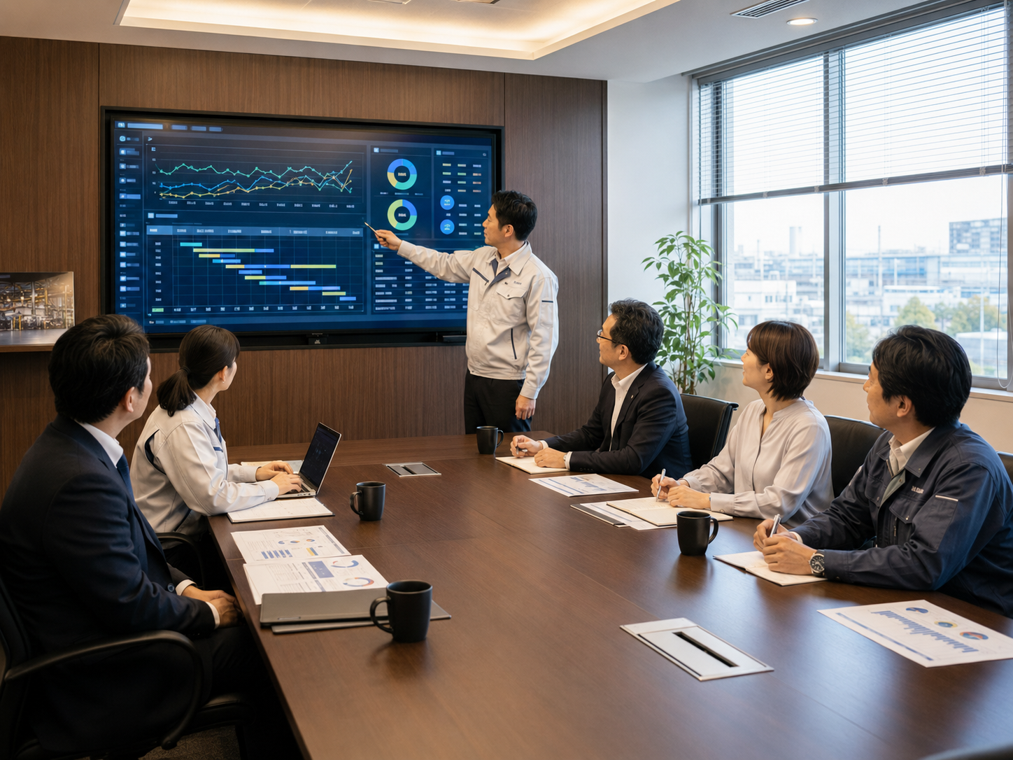 製造業会議室でデータダッシュボードを囲む社員